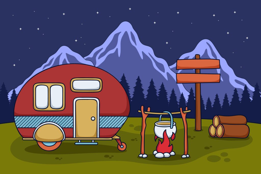 Illustration of vintage caravan camping out.