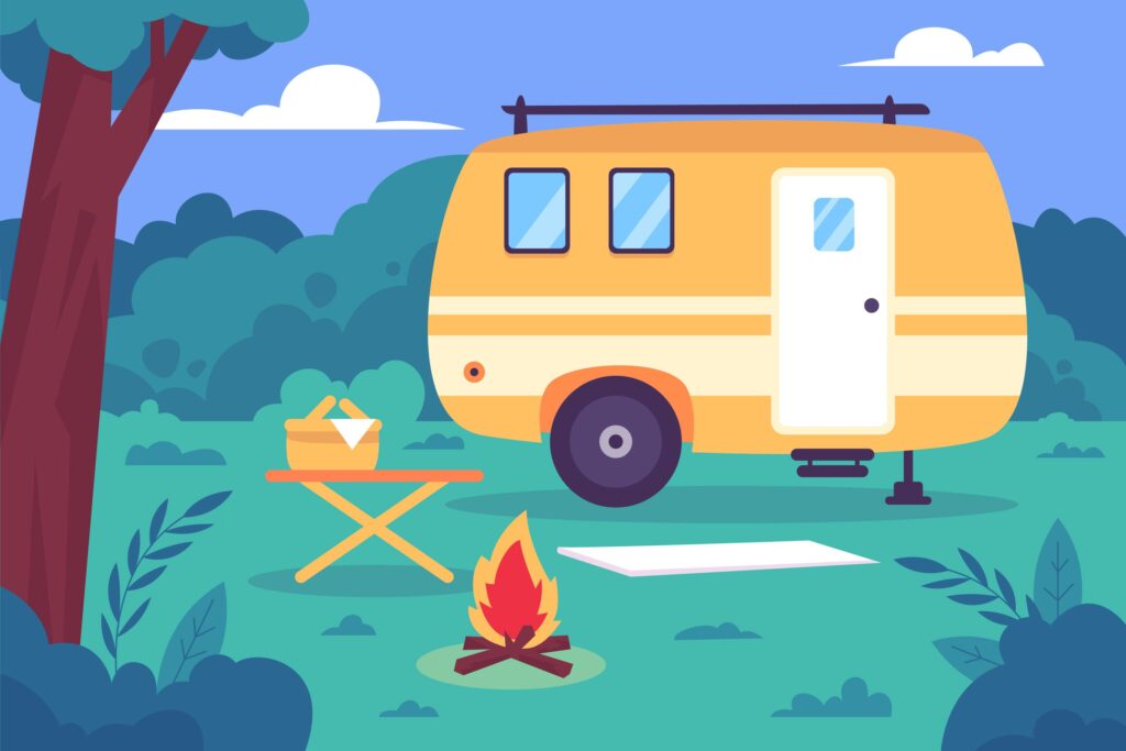 Illustration of vintage caravan camping out.