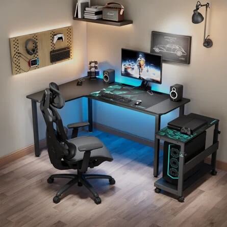 Computer desk with gaming chair and computer,