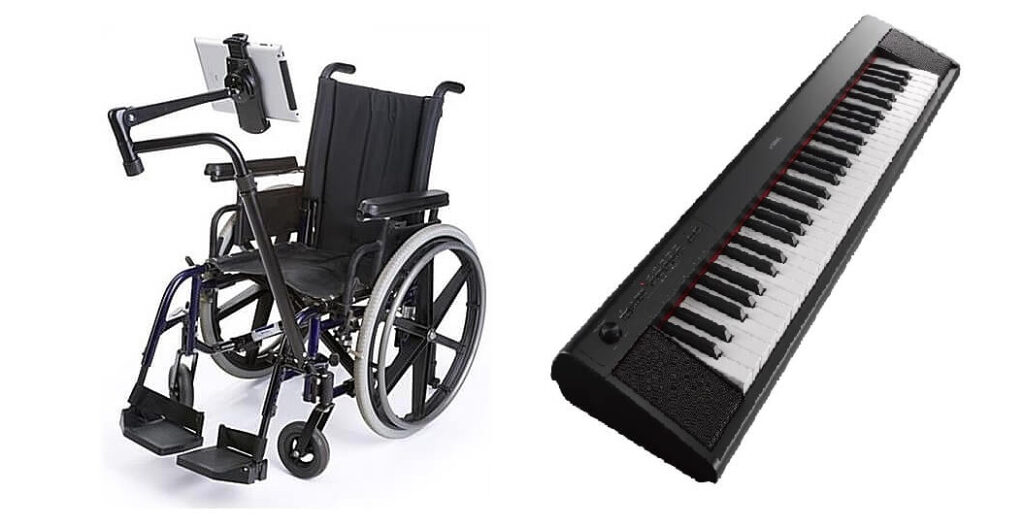iPad mounted on a wheelchair and a photo of a keyboard