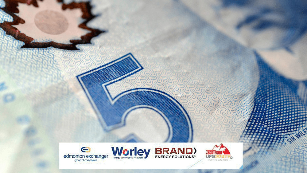 5 dollar Canadian bill with lofoa od Edmonton Exchanger, Worley, Brand: Energy Solutions.